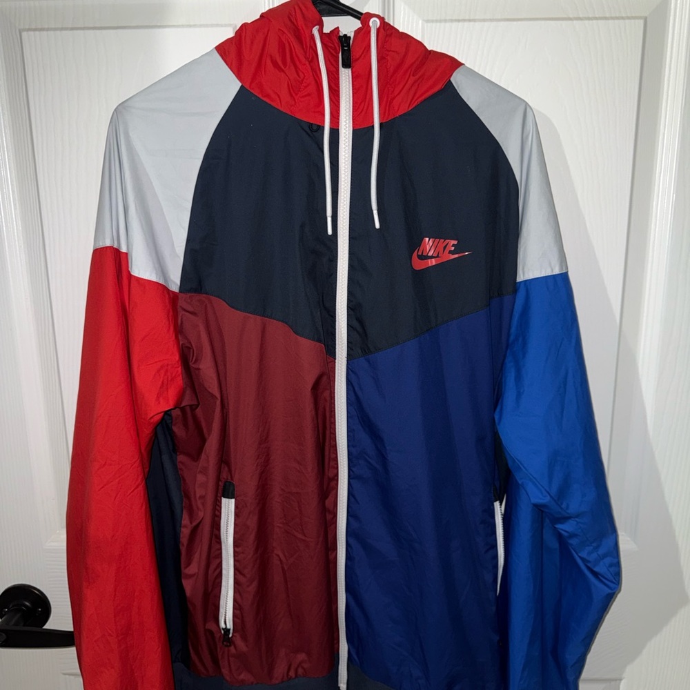 Nike Men's Tri-Color Windbreaker Jacket - Red, Blue, and Gray